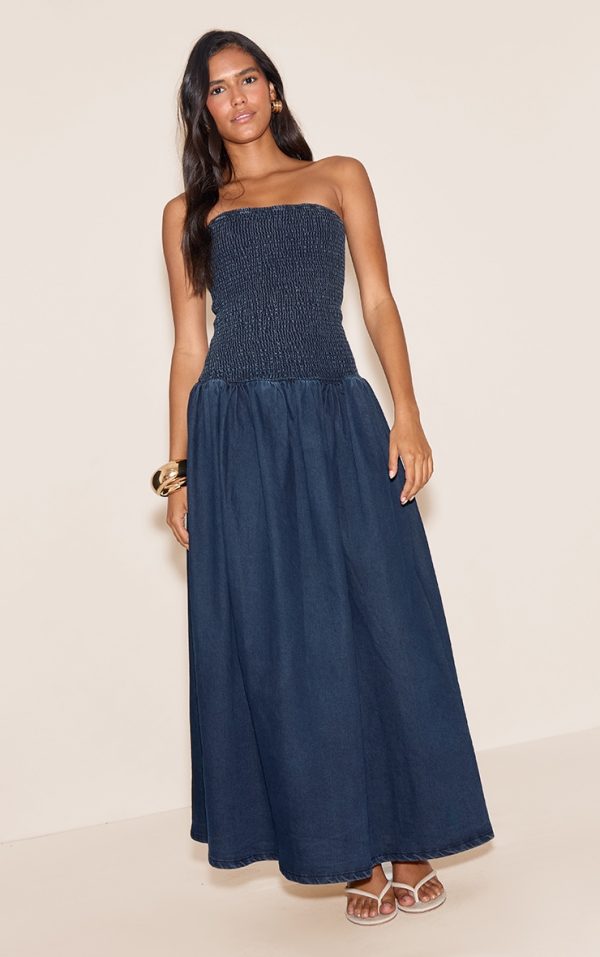 Indigo Drop Waist Denim Puffball Maxi Dress