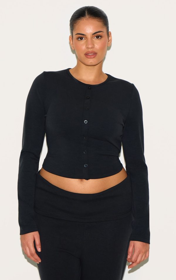 Plus Black Modal Button Detail Long Sleeve Top