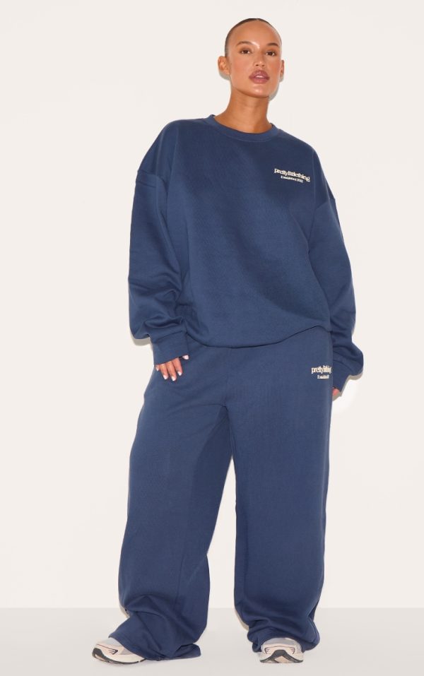 PRETTYLITTLETHING Plus Navy Printed Premium Straight Leg Sweatpants