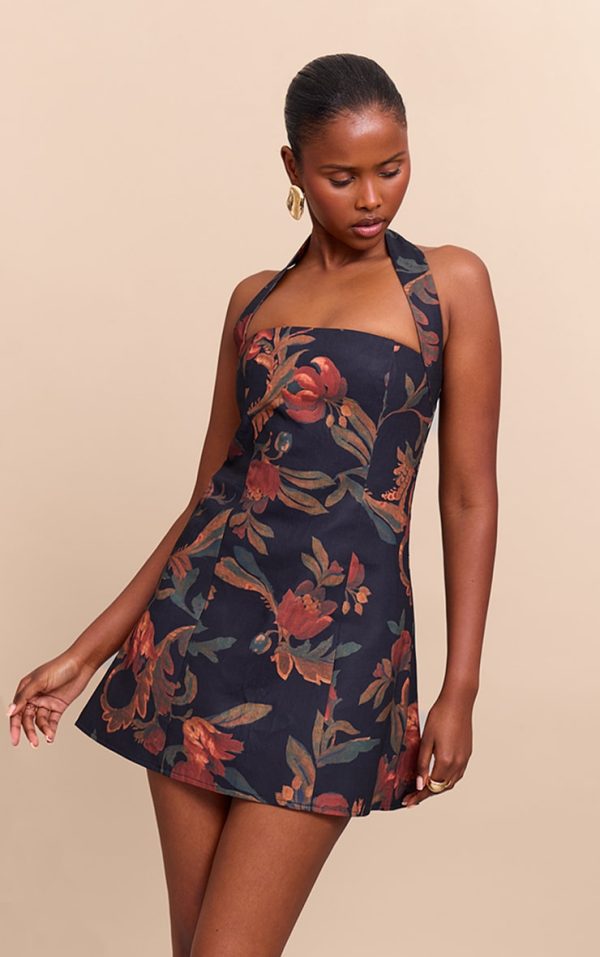 Burnt Orange Floral Square Halterneck A-line Dress