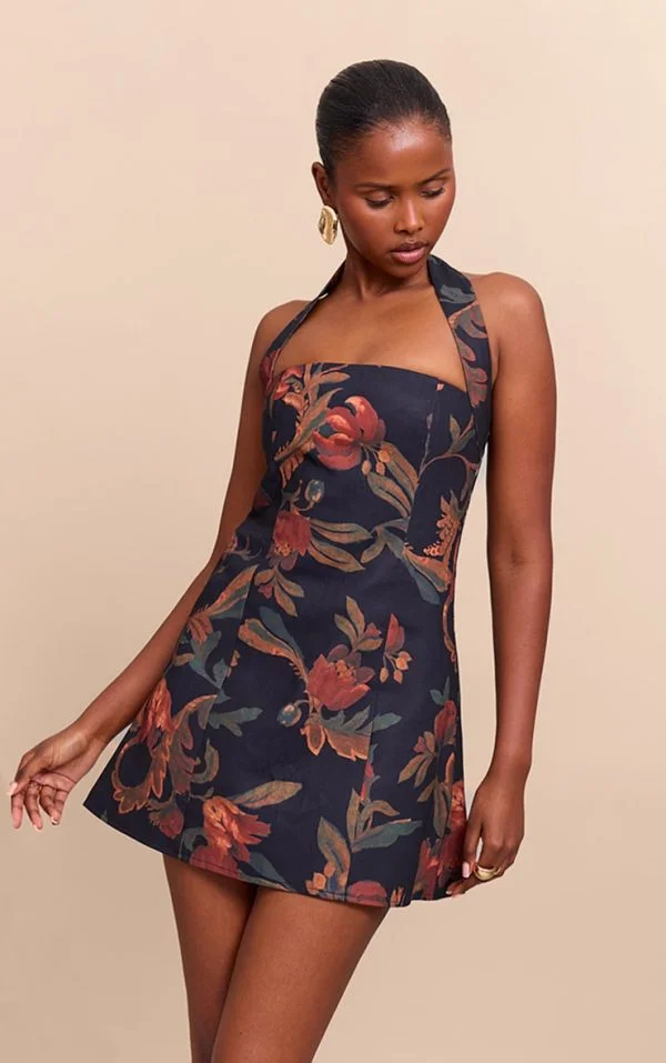 Burnt Orange Floral Square Halterneck A-line Dress