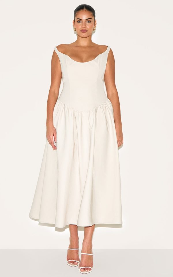 Plus Cream Woven Dipped Bardot Ruched Midaxi Dress