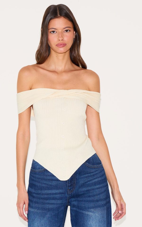 Cream Rib Knit Twist Bardot Button Through Top