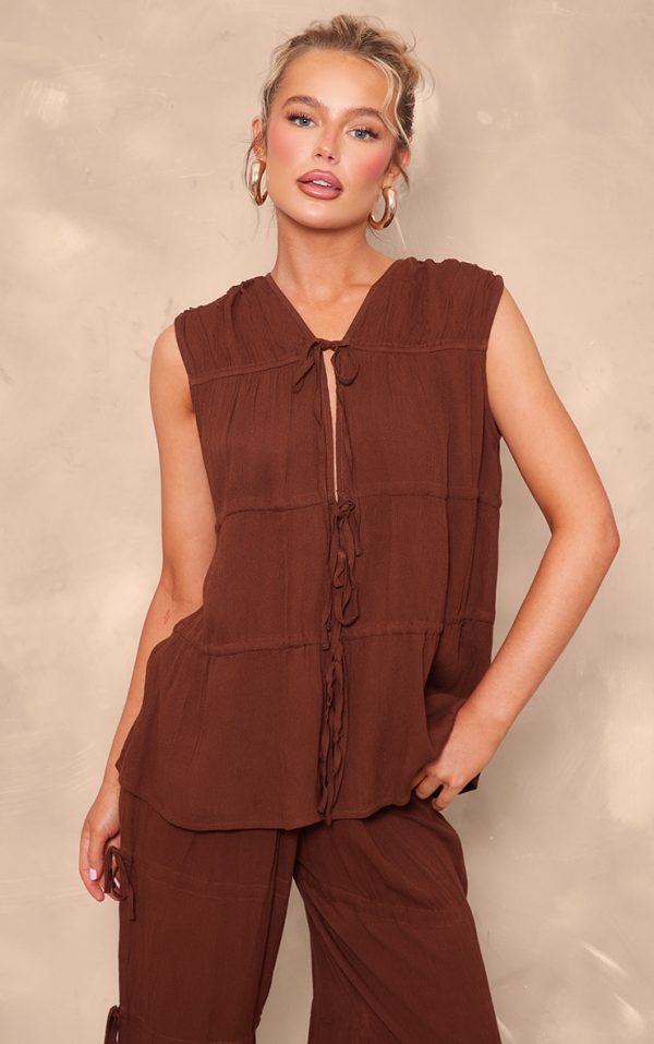 Chocolate Brown Tie Detail Sleeveless Longline Top