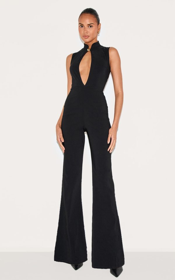 Black Stretch Woven Collared Gold Trim Straight Leg Jumpsuit