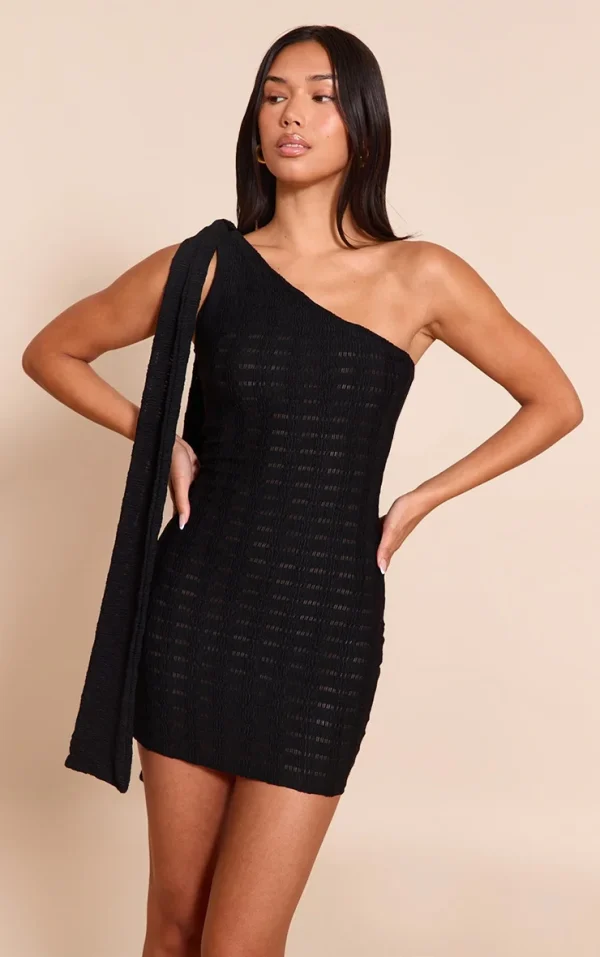 Black Textured One Shoulder Drape Detail Bodycon Dress