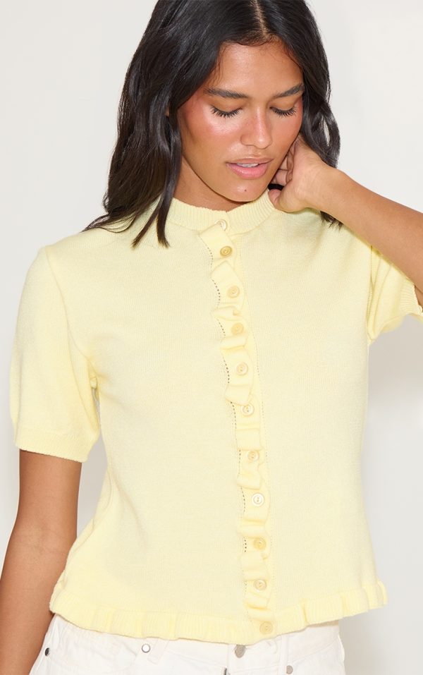 Yellow Knit Ruffle Detail Short Sleeve Cardigan
