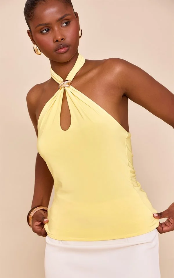 Lemon Double Layer Slinky Trim Halter Neck Long Top