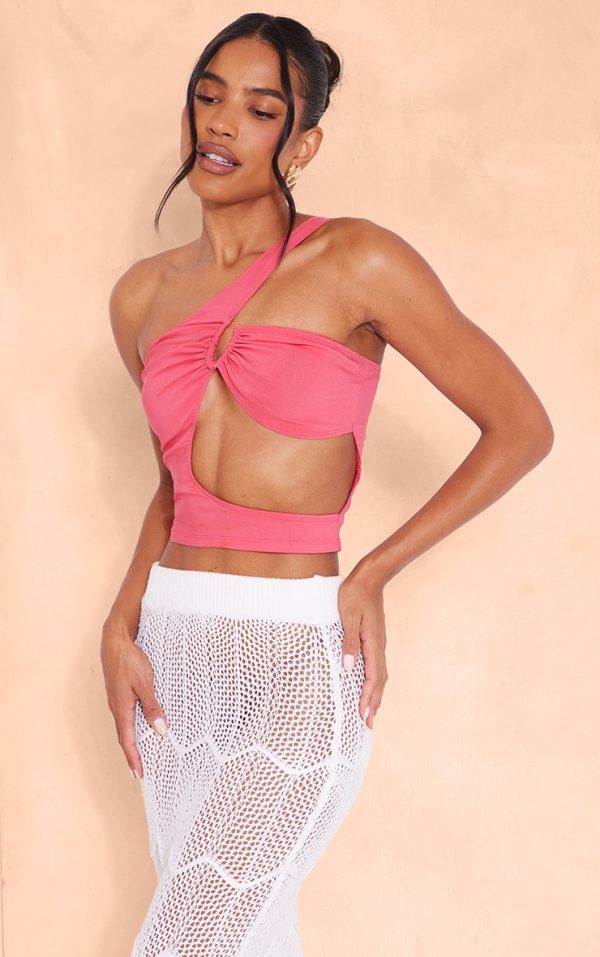Hot Pink Stretch Woven Cut Out Ring Detail Asymmetric Crop Top