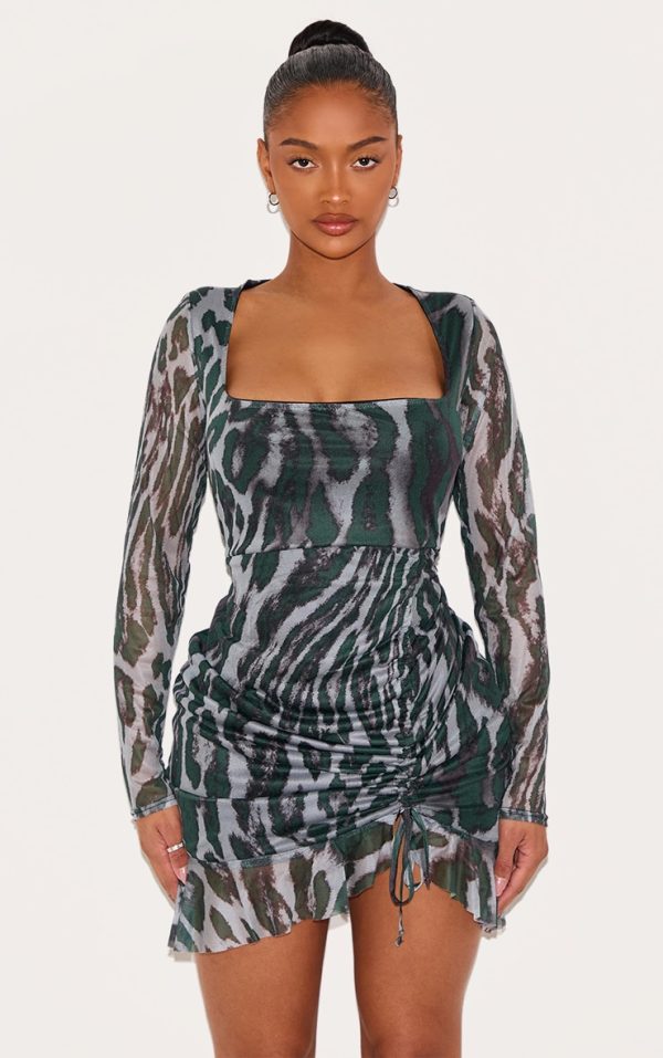 Shape Green Abstract Print Mesh Long Sleeve Ruched Side Frill Hem Bodycon Dress