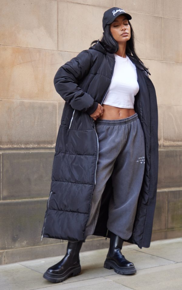 PRETTYLITTLETHING Black Text Front Maxi Puffer Coat