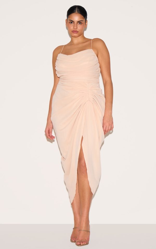 Plus Cream Ruched Drape Midi Dress
