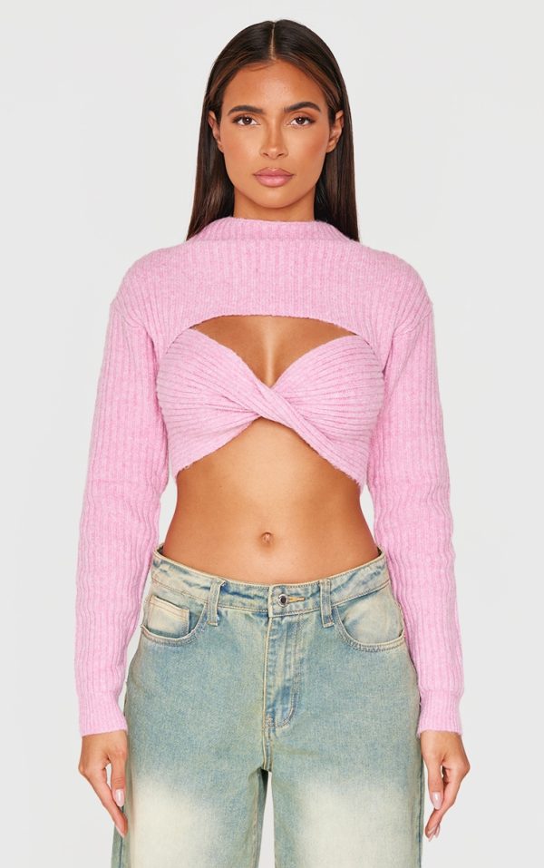 Pink Ribbed Twist Front Cut Out Sweater