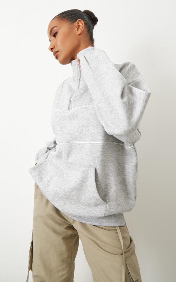Ash Grey Half Zip Oversized Contrast Piping Sweatshirt