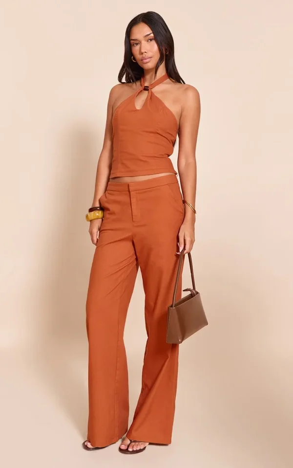 Rust Woven Mid Rise Wide Leg Pants