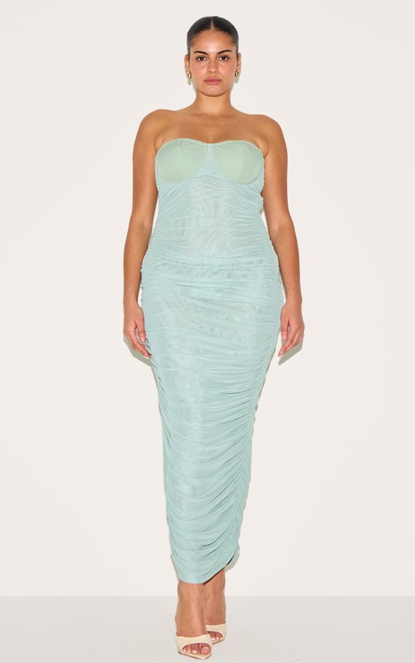 Plus Sage Mesh Ruched Cup Detail Maxi Dress