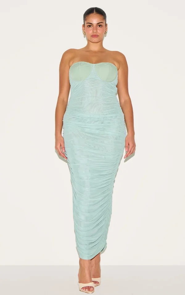 Plus Sage Mesh Ruched Cup Detail Maxi Dress