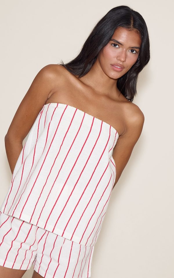 Red Pinstripe Elasticated Bandeau Top