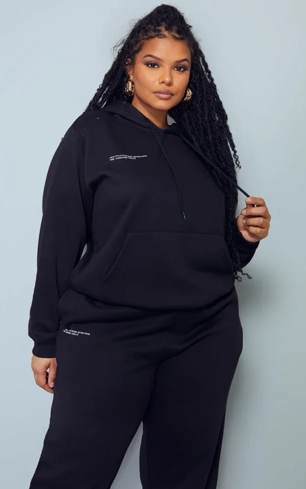 PRETTYLITTLETHING Plus Black Est 2012 Printed Oversized Hoodie