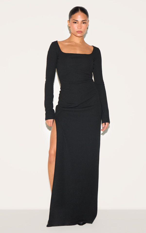 Petite Black Ribbed Long Sleeve Maxi Dress