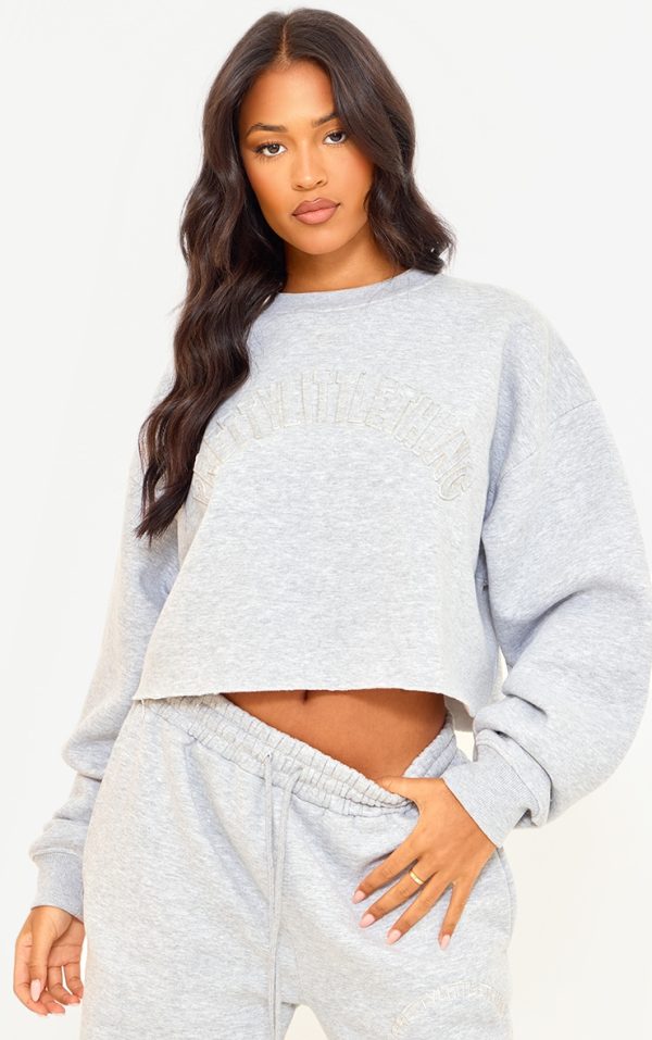PRETTYLITTLETHING Tall Grey Marl Distressed Varsity Cropped Sweatshirt
