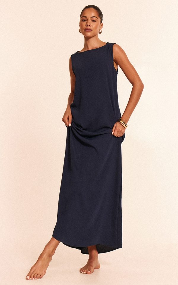 Navy Floaty Woven Boat Neck Maxi Beach Dress
