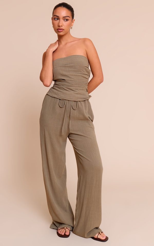 Khaki Textured Mid Rise Wide Leg Drawstring Pants
