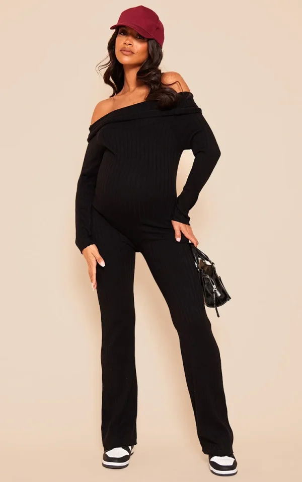 Maternity Black Knitted Bardot Wide Leg Jumpsuit