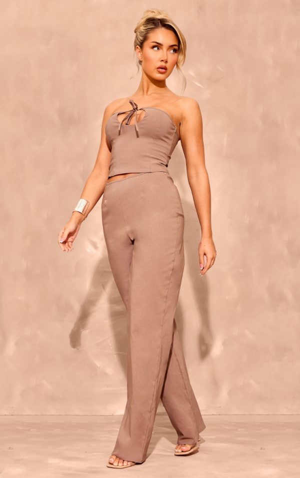 Taupe Stretch Woven Seam Detail Straight Leg Pants