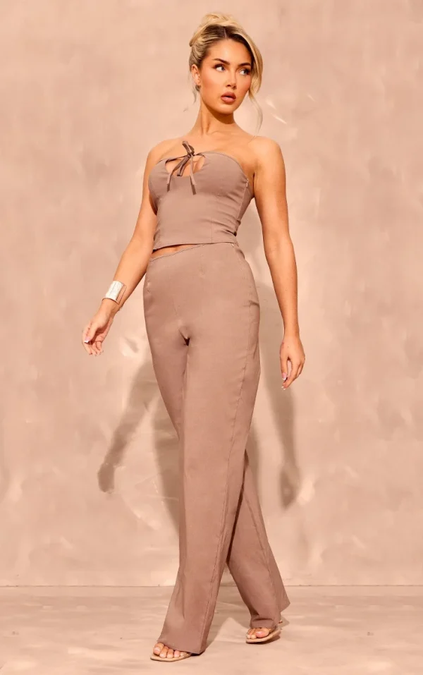 Taupe Stretch Woven Seam Detail Straight Leg Pants