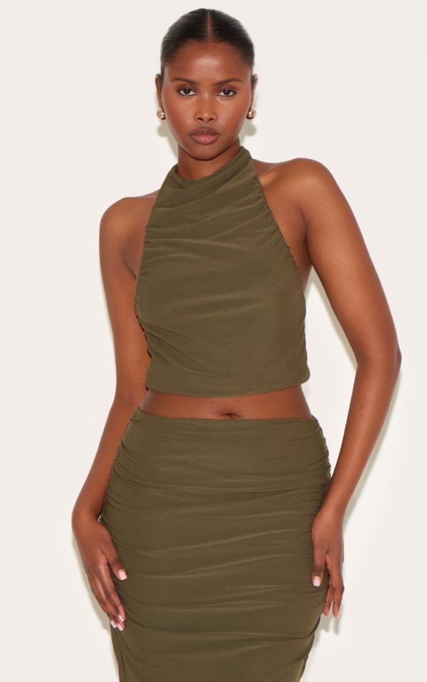 Khaki Soft Touch Ruched Halter Crop Top