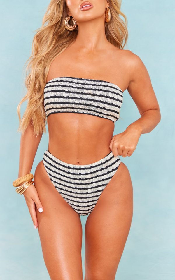Monochrome Printed Crinkle High Waist High Leg Bikini Bottoms
