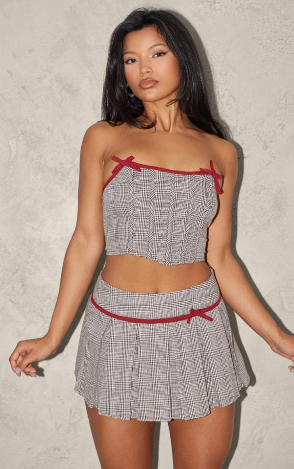 Light Mocha Woven Houndstooth Bow Boned Corset