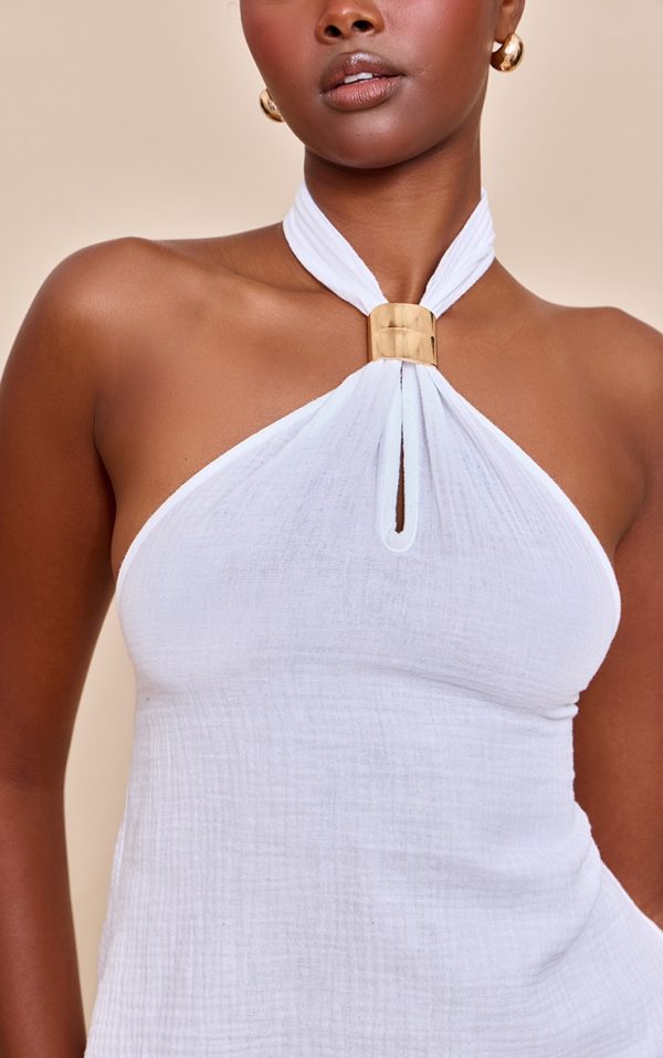 White Lightweight Woven Halterneck Trim Detail Top