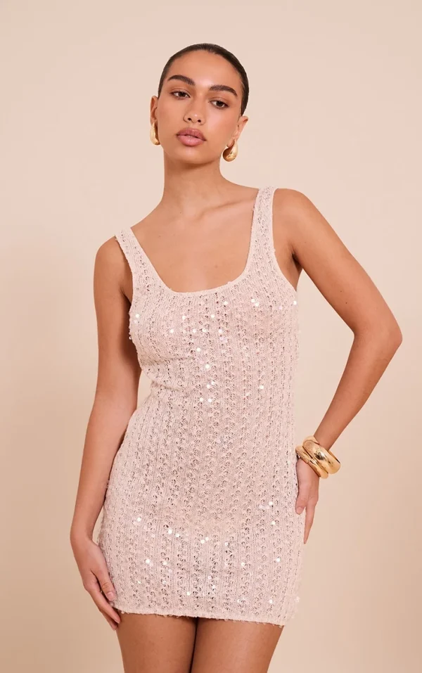Natural Sequin Scoop Neck Mini Dress