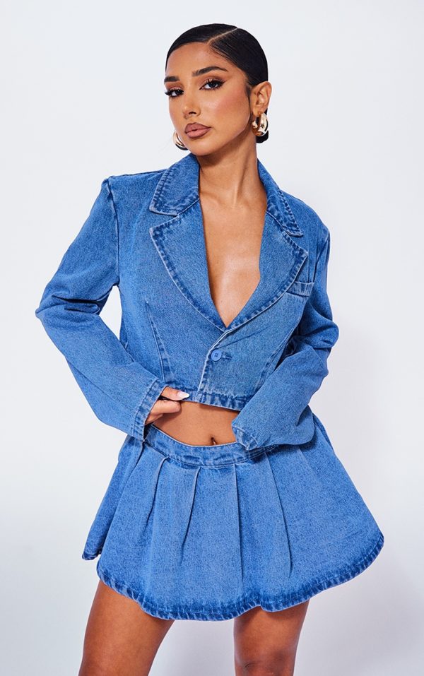 Petite Blue Cropped Denim Blazer