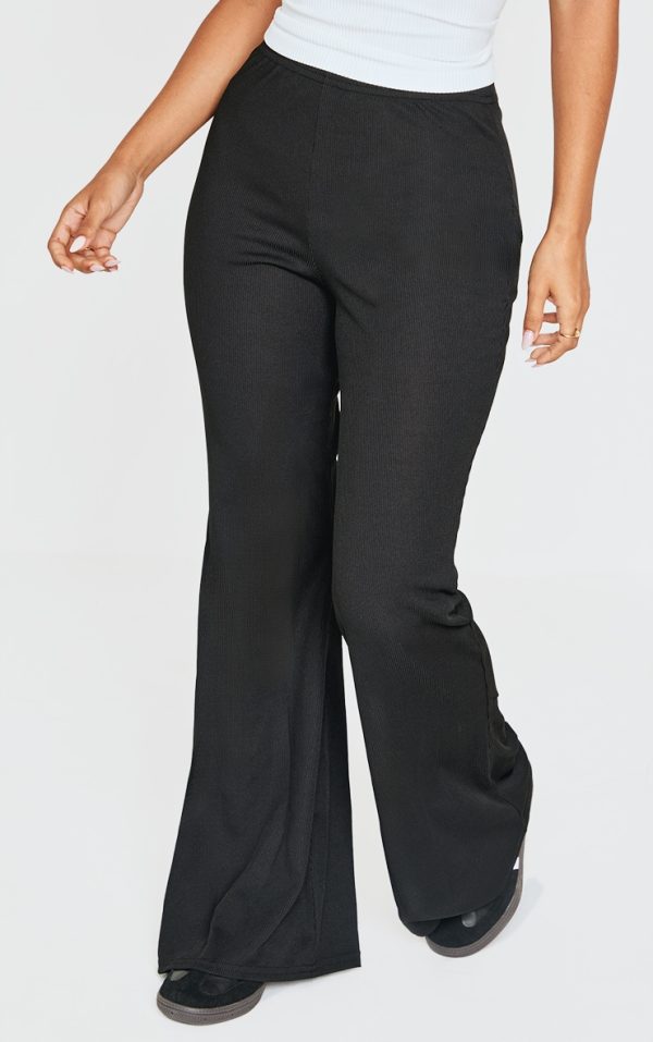 Petite Black Ribbed Flared Pants