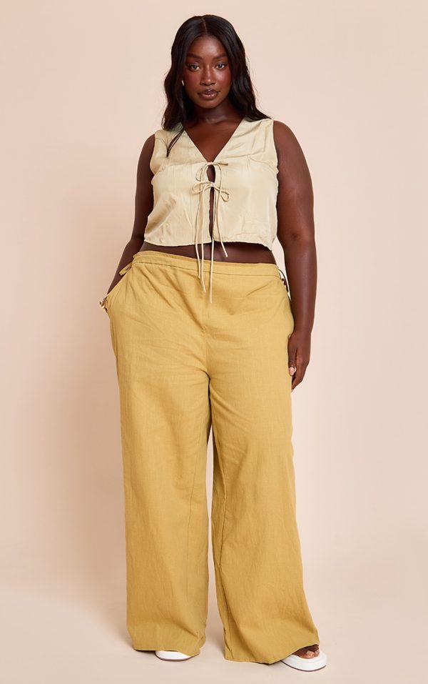 Plus Olive Premium Linen Side Tie Detail Wide Leg Pants