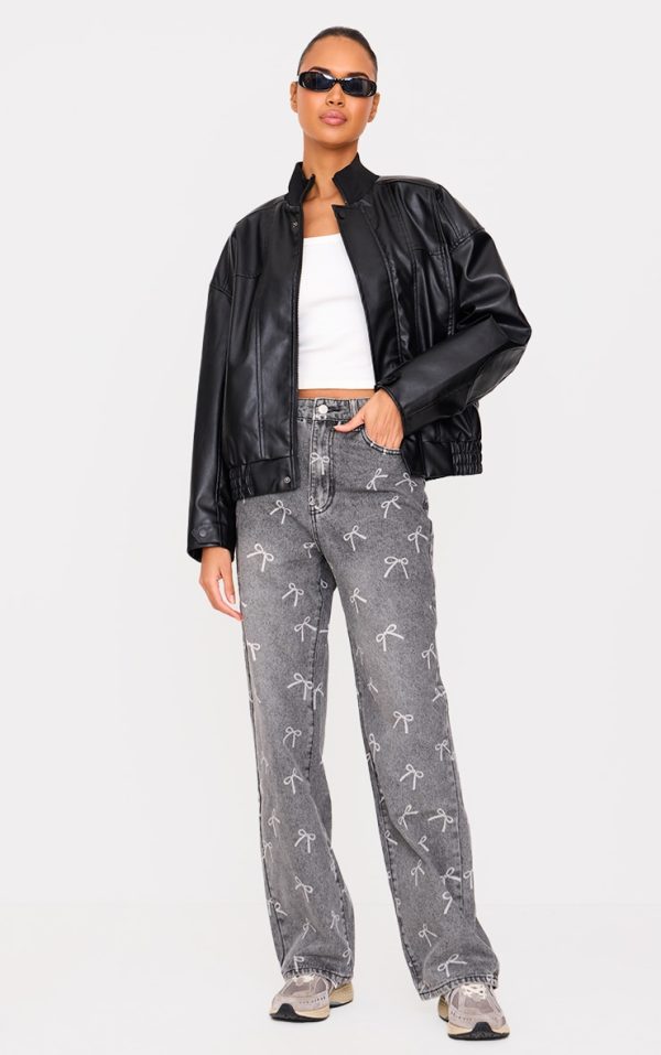 Washed Grey Bow Laser Print Straight Leg Jeans