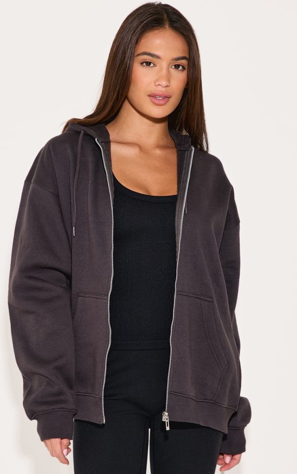 Charcoal Oversized Zip Up Plain Front Hoodie