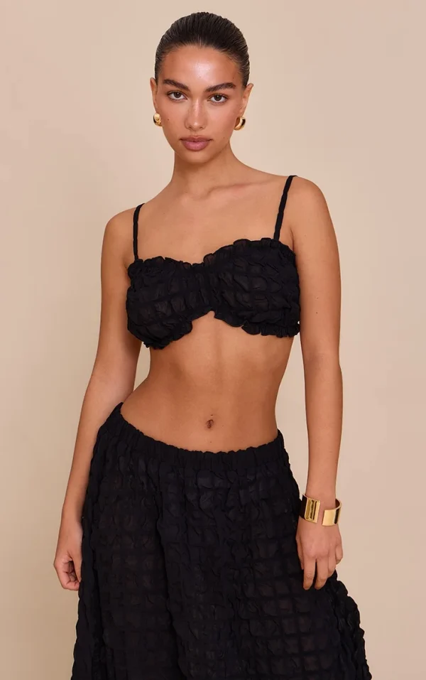 Black Textured Shirred Bralette
