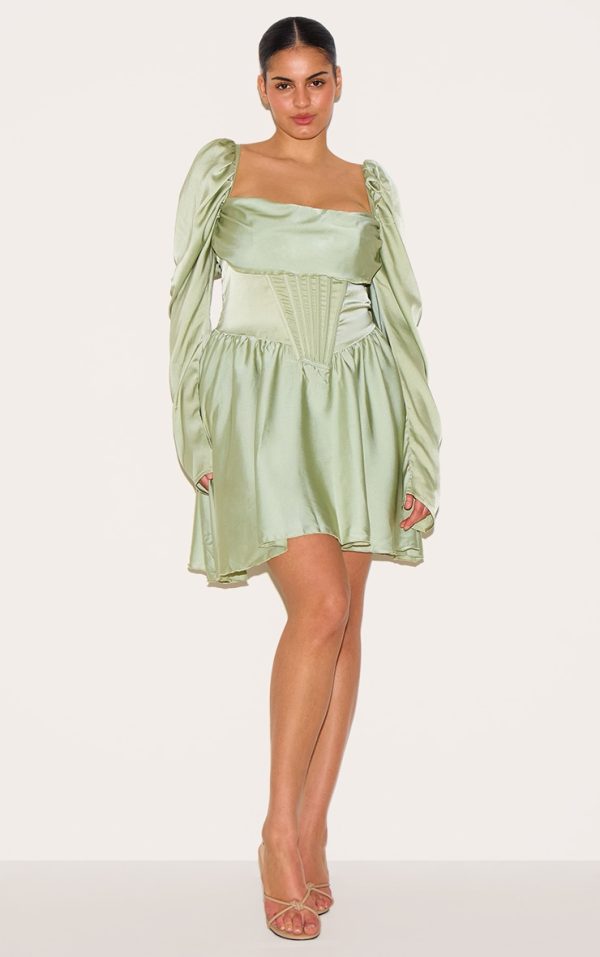 Plus Sage Green Satin Corset Detail Puffball Shift Dress