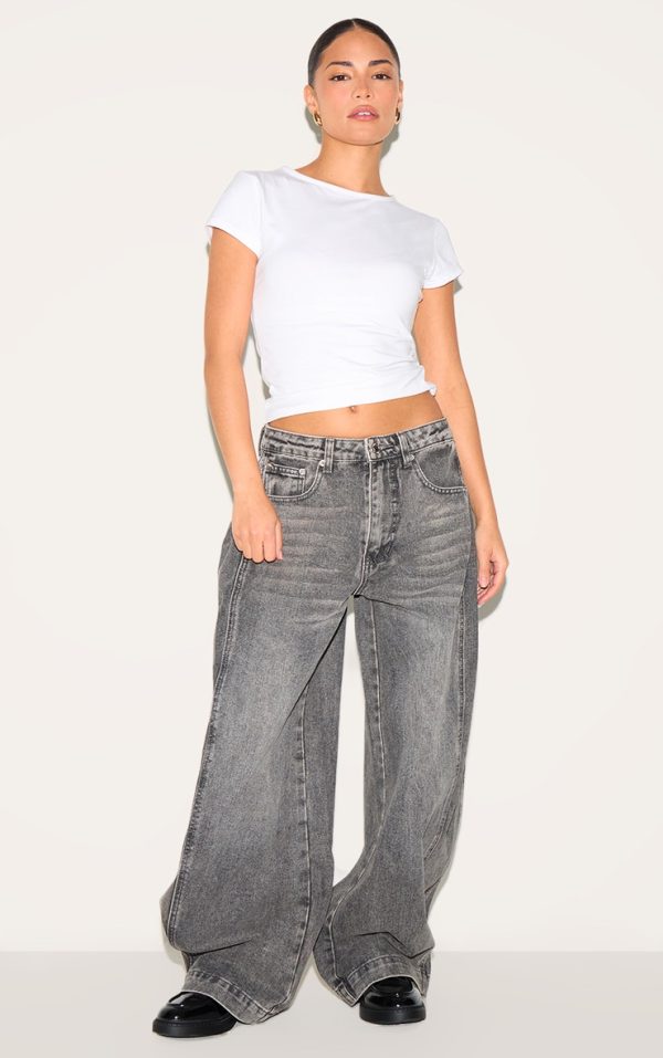 Petite Washed Grey Denim Side Pleated Detail Wide Leg Jeans