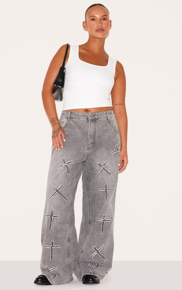 Plus Washed Black Cross Applique Detail Wide Leg Jeans