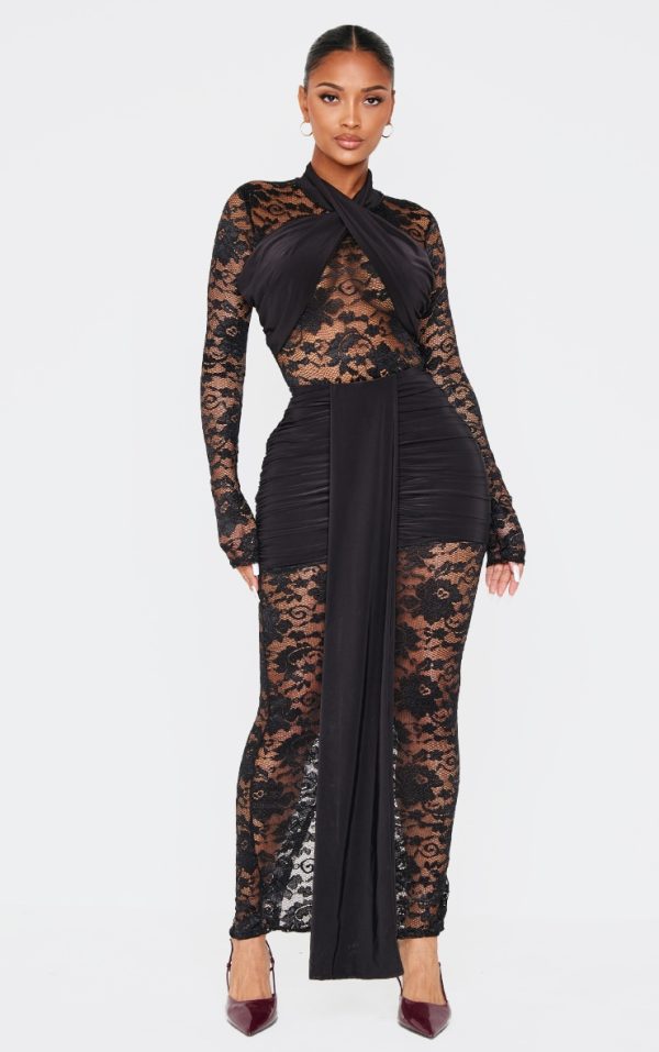 Shape Black Drape Detail Lace Skirt