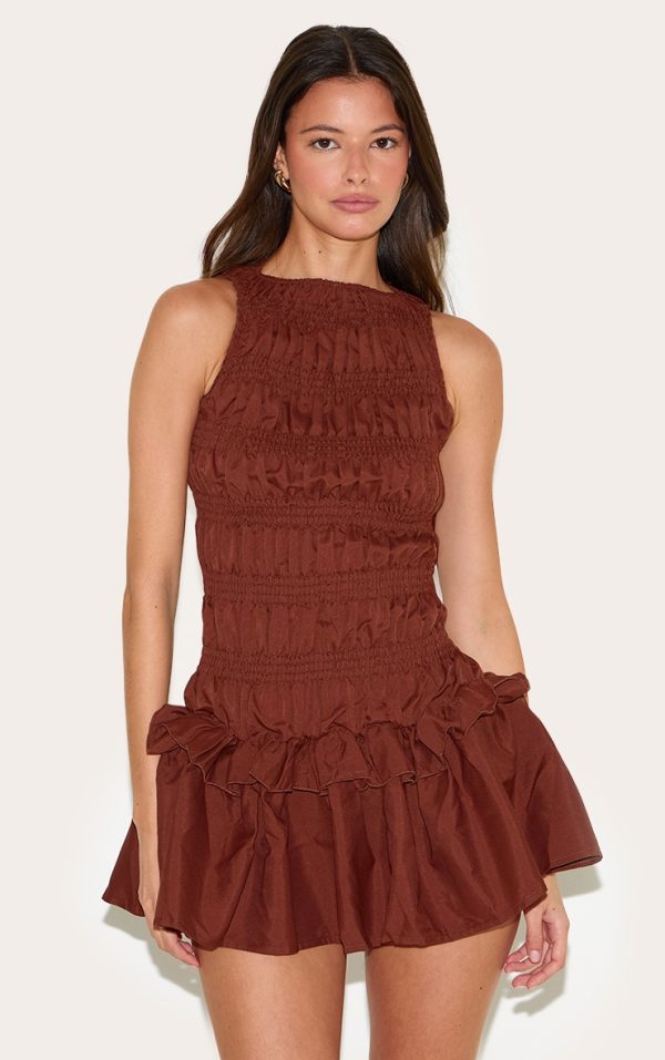 Chocolate Tailored Shirred Frill Shift Dress