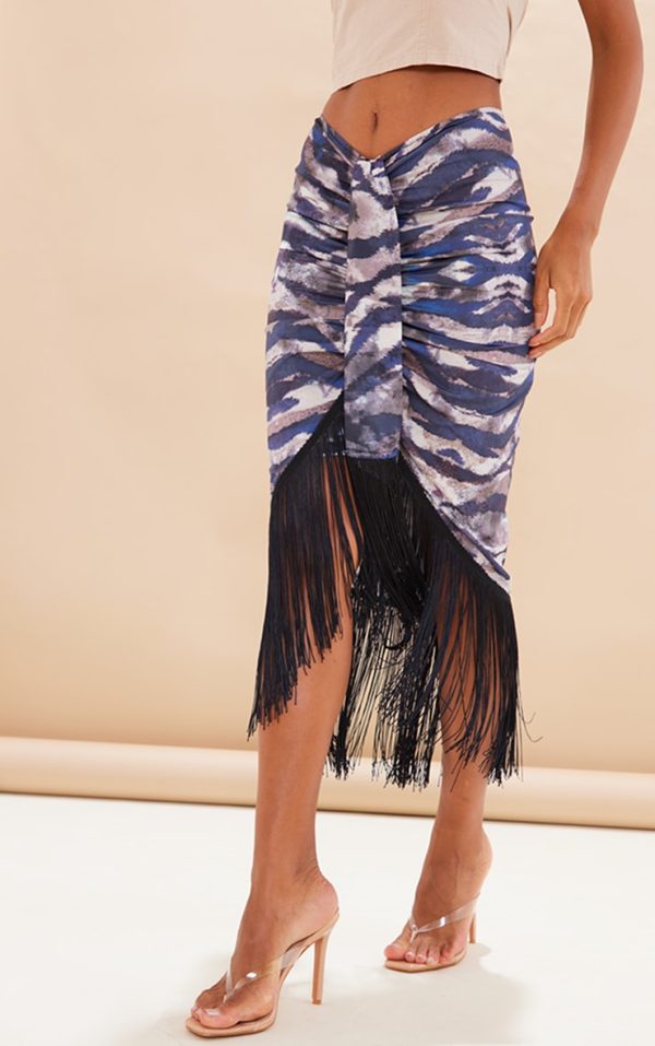 Brown Tiger Print Tassel Hem Midi Skirt