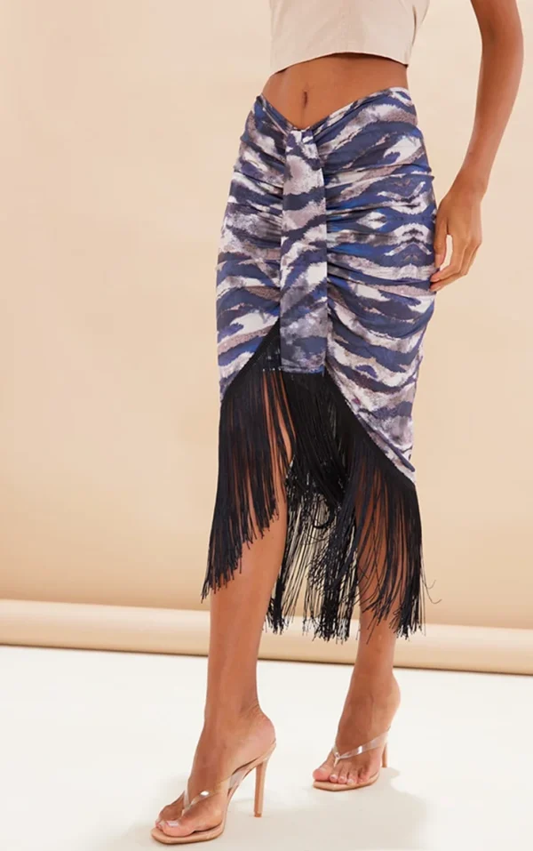 Brown Tiger Print Tassel Hem Midi Skirt