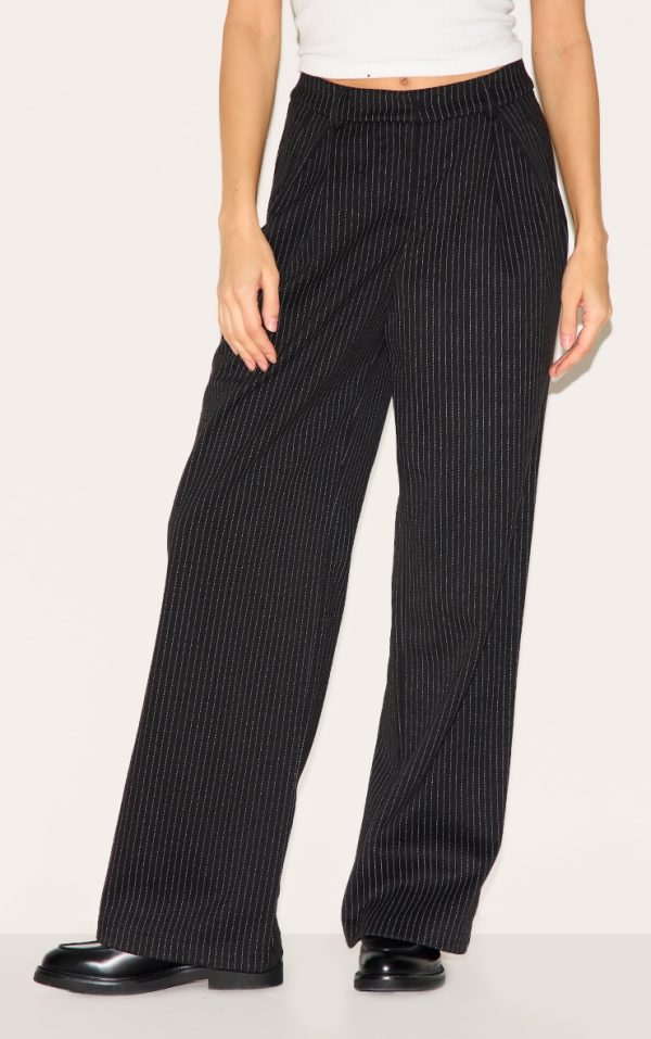 Black Pinstripe Tailored Wool Feel Mid Rise Pants