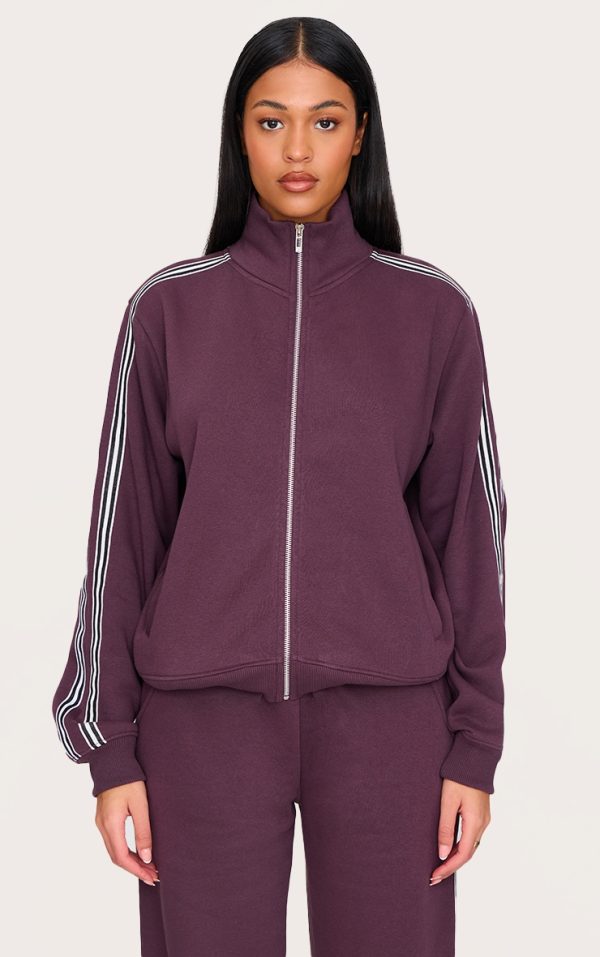 Tall Burgundy Stripe Detail High Neck Zip Up Jacket